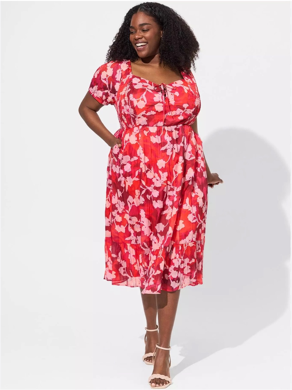 Torrid Shady Rose Floral Midi Cotton Clip Dot Lace Up Smocked Pockets 18/20